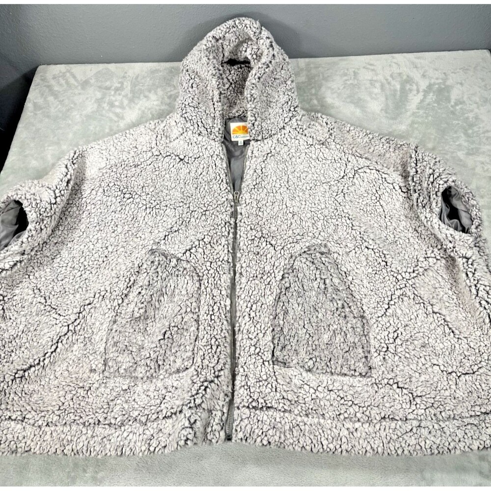 C&C California Sherpa Fleece Hooded Poncho Jacket Gray Zip Up Cape Womens M